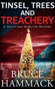 Book cover for Tinsel, Trees And Treachery. Christmas tree with white lights.
